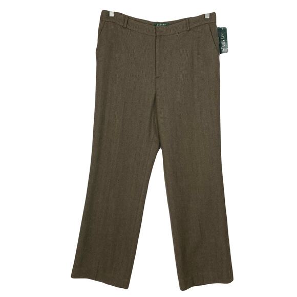 NWT LAUREN RALPH LAUREN Pants Women 14 Vintage Virgin-Wool Herringbone Brown - Picture 1 of 13